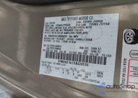 2005 Ford Freestar Se из США, поврежденный, VIN 2FMDA51615BA28535